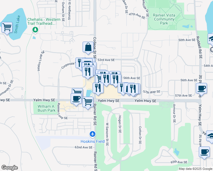 map of restaurants, bars, coffee shops, grocery stores, and more near 4730 Yelm Highway Southeast in Olympia