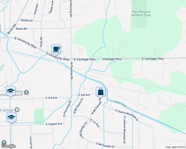 map of restaurants, bars, coffee shops, grocery stores, and more near 1932 East Village Drive in Ellensburg