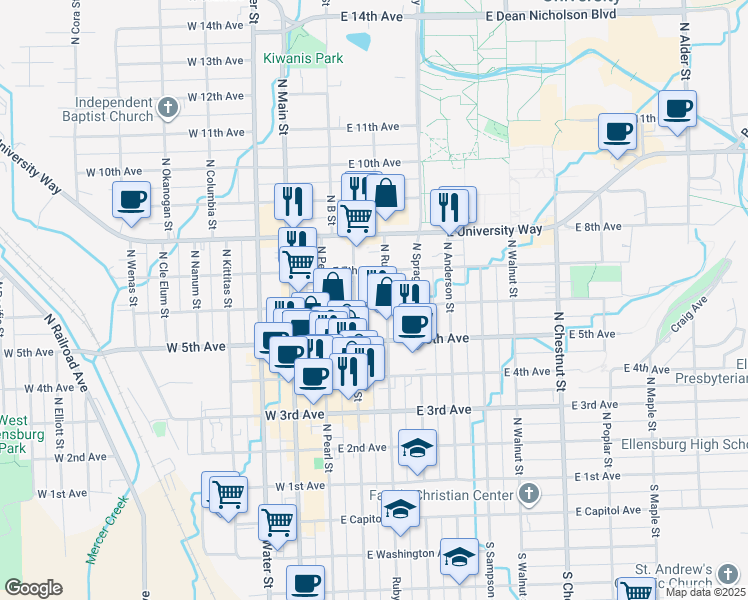 map of restaurants, bars, coffee shops, grocery stores, and more near in Ellensburg