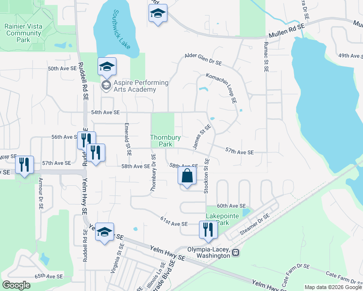 map of restaurants, bars, coffee shops, grocery stores, and more near 5459 Strawberry Court Southeast in Lacey