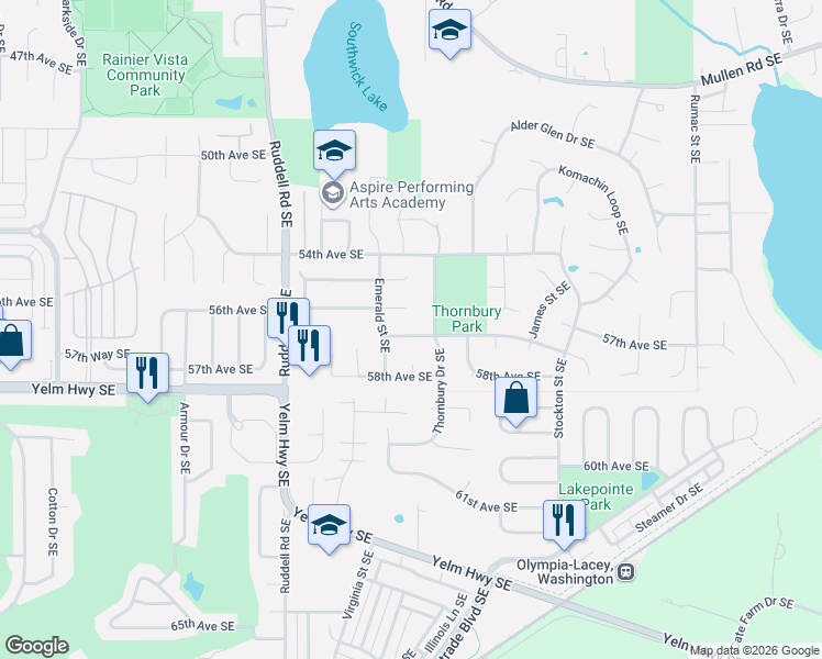 map of restaurants, bars, coffee shops, grocery stores, and more near 5609 Thornbury Drive Southeast in Lacey