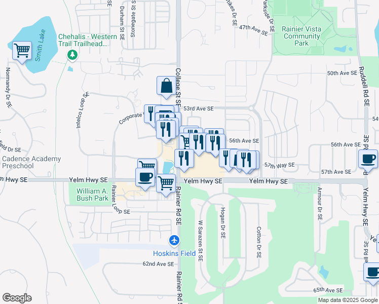 map of restaurants, bars, coffee shops, grocery stores, and more near 4730 Yelm Highway Southeast in Olympia