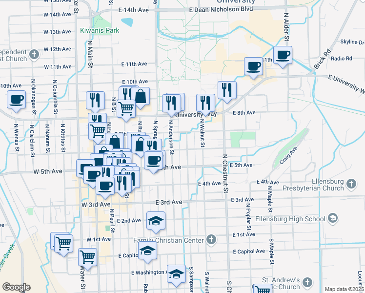 map of restaurants, bars, coffee shops, grocery stores, and more near 604 North Anderson Street in Ellensburg