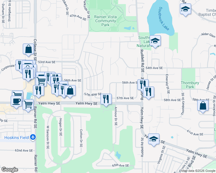 map of restaurants, bars, coffee shops, grocery stores, and more near 5605 Mount Baker Street Southeast in Lacey