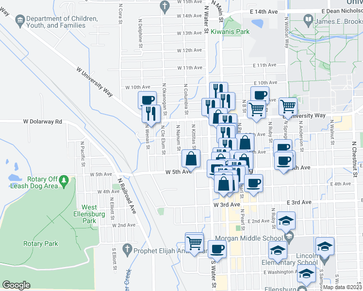 map of restaurants, bars, coffee shops, grocery stores, and more near 604 North Nanum Street in Ellensburg