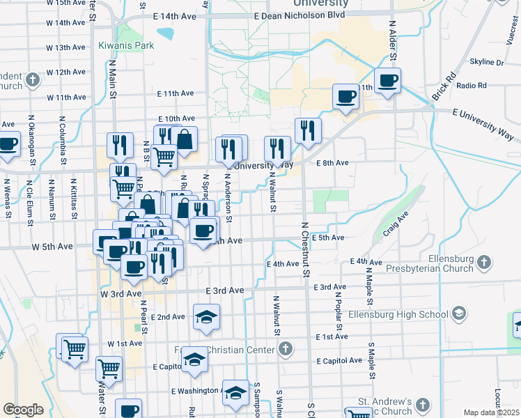 map of restaurants, bars, coffee shops, grocery stores, and more near 603 East 6th Avenue in Ellensburg