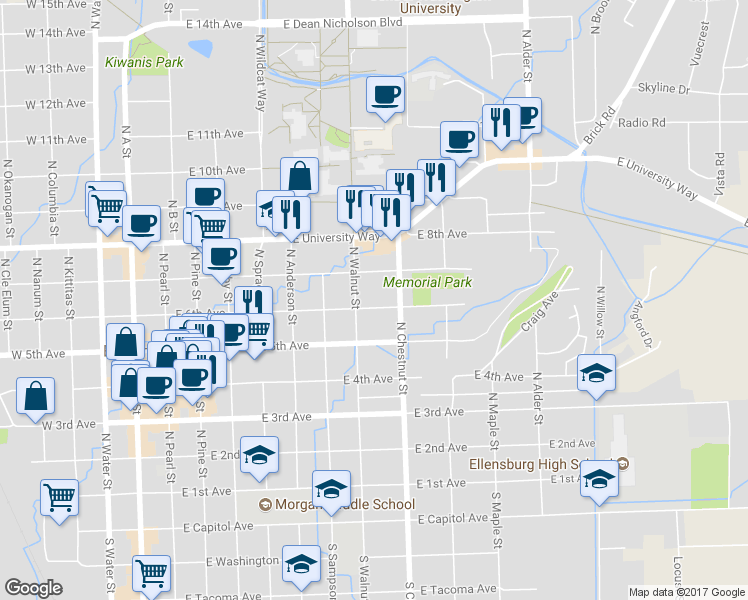 map of restaurants, bars, coffee shops, grocery stores, and more near 707 East 6th Avenue in Ellensburg