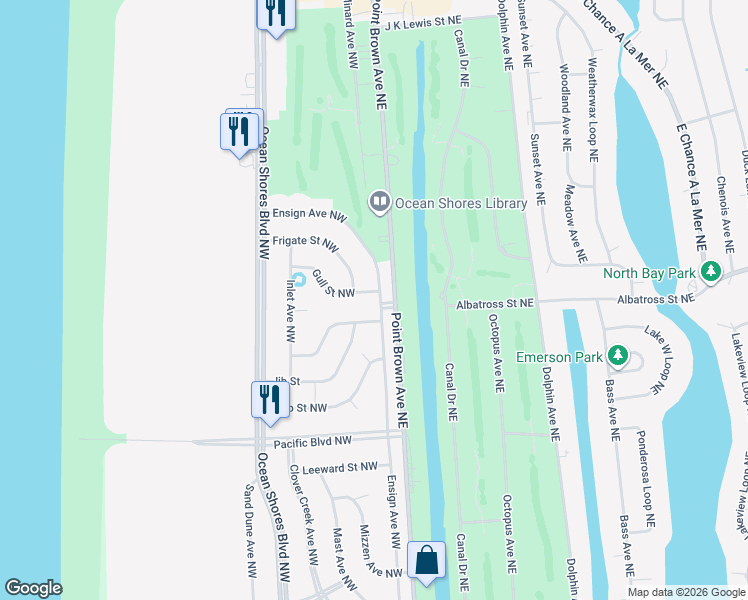 map of restaurants, bars, coffee shops, grocery stores, and more near 501 Ensign Avenue Northwest in Ocean Shores