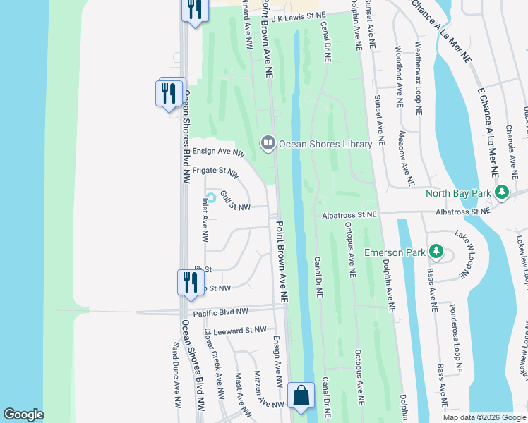 map of restaurants, bars, coffee shops, grocery stores, and more near 501 Ensign Avenue Northwest in Ocean Shores