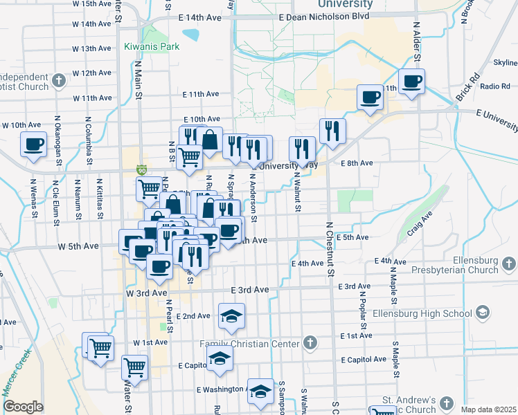 map of restaurants, bars, coffee shops, grocery stores, and more near 604 North Anderson Street in Ellensburg