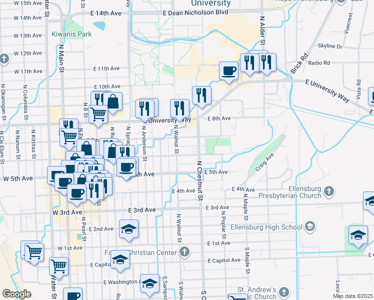 map of restaurants, bars, coffee shops, grocery stores, and more near 707 East 6th Avenue in Ellensburg