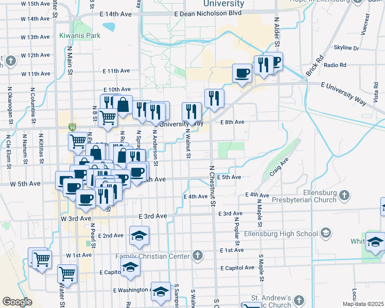 map of restaurants, bars, coffee shops, grocery stores, and more near 707 East 6th Avenue in Ellensburg