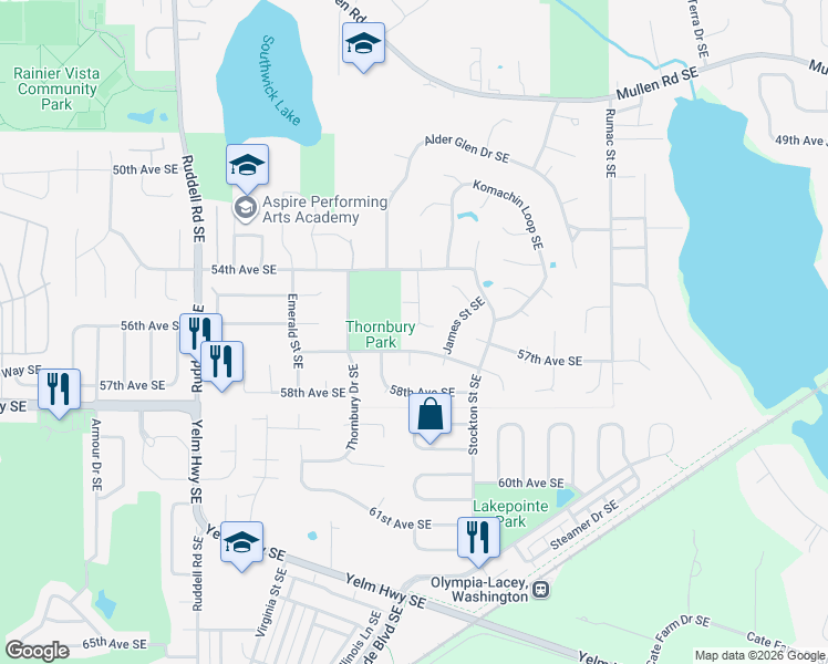map of restaurants, bars, coffee shops, grocery stores, and more near 5459 Strawberry Court Southeast in Lacey