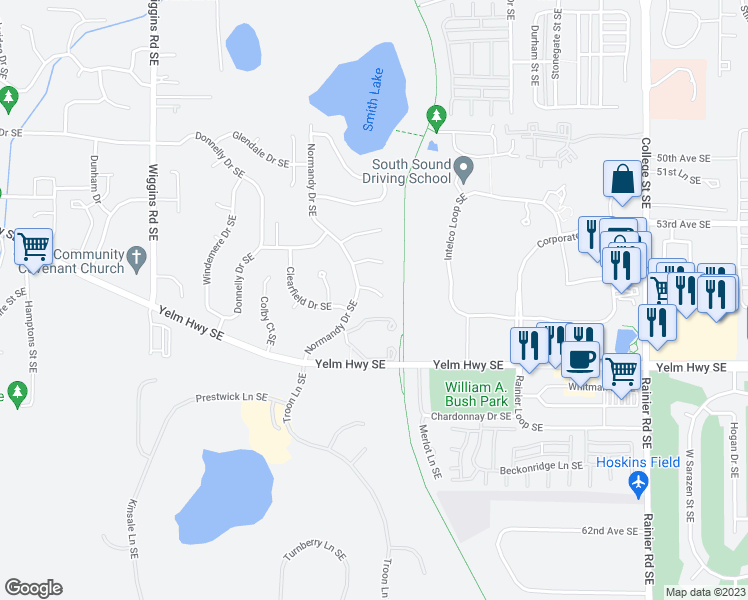 map of restaurants, bars, coffee shops, grocery stores, and more near 4023 Dover Court Southeast in Olympia