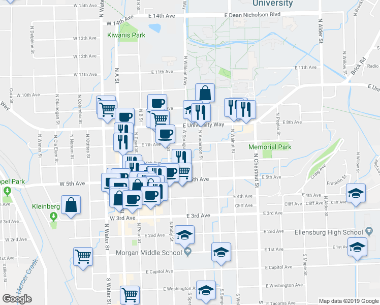 map of restaurants, bars, coffee shops, grocery stores, and more near 602 North Sprague Street in Ellensburg