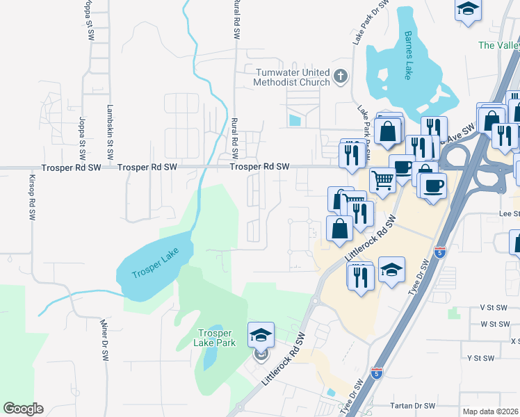map of restaurants, bars, coffee shops, grocery stores, and more near 1841 Trosper Road Southwest in Olympia