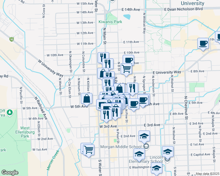 map of restaurants, bars, coffee shops, grocery stores, and more near 606 North Main Street in Ellensburg