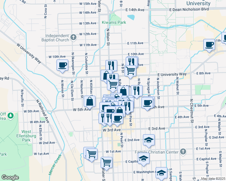 map of restaurants, bars, coffee shops, grocery stores, and more near 606 North Main Street in Ellensburg