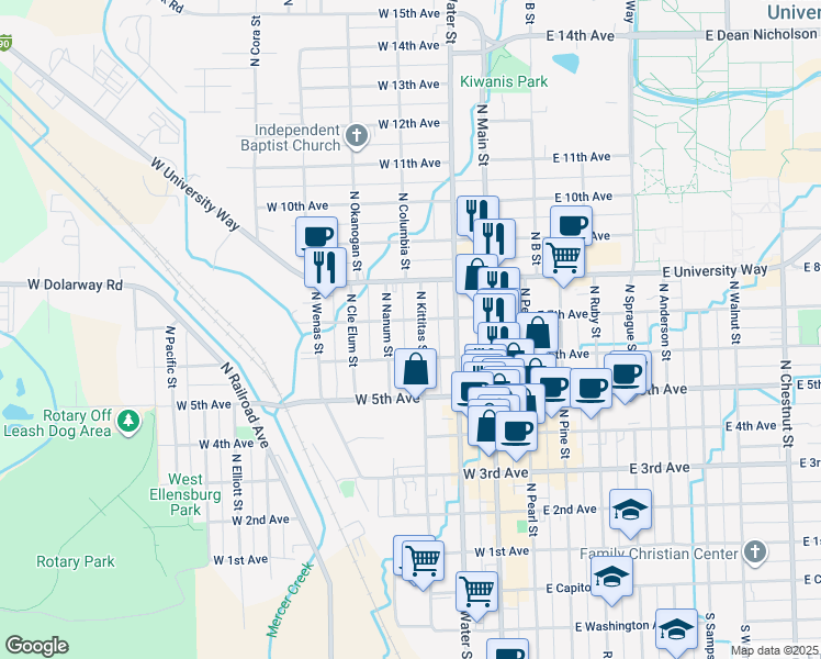 map of restaurants, bars, coffee shops, grocery stores, and more near 402 West 7th Avenue in Ellensburg