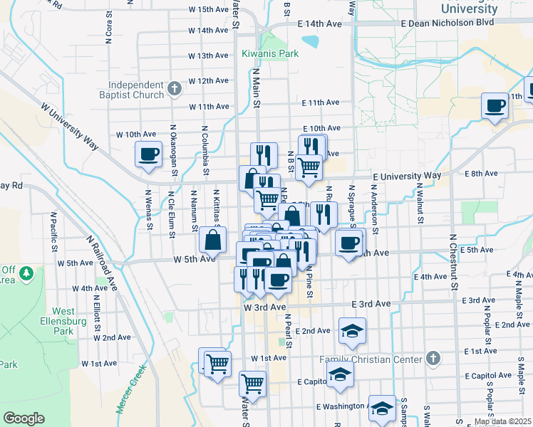 map of restaurants, bars, coffee shops, grocery stores, and more near 606 North Main Street in Ellensburg