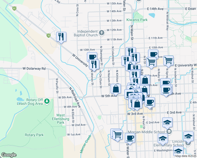 map of restaurants, bars, coffee shops, grocery stores, and more near 609 North Cle Elum Street in Ellensburg