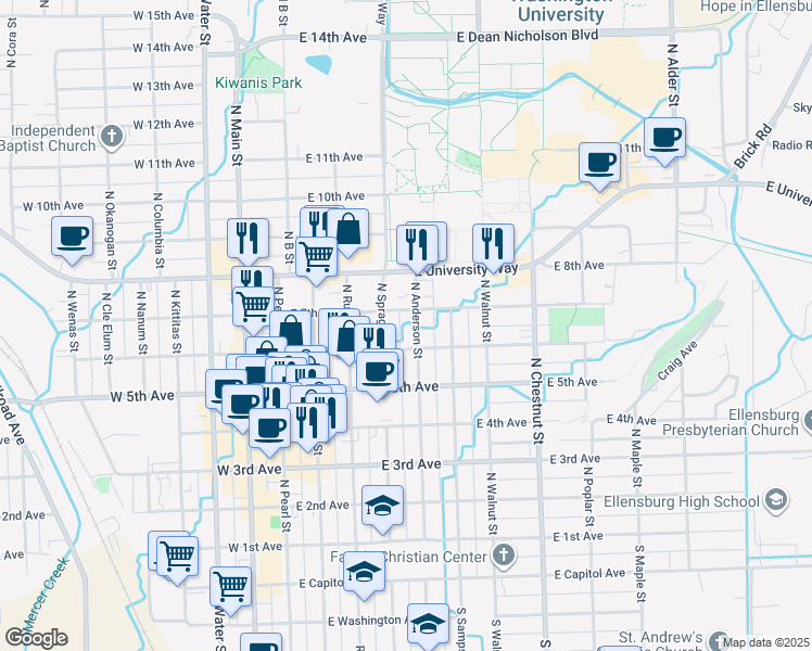 map of restaurants, bars, coffee shops, grocery stores, and more near 602 North Sprague Street in Ellensburg