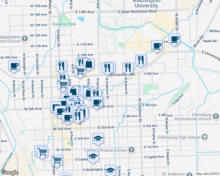 map of restaurants, bars, coffee shops, grocery stores, and more near 604 North Anderson Street in Ellensburg