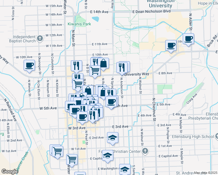 map of restaurants, bars, coffee shops, grocery stores, and more near in Ellensburg