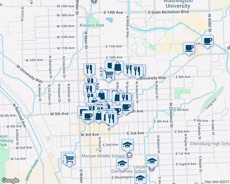 map of restaurants, bars, coffee shops, grocery stores, and more near in Ellensburg