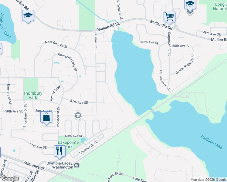map of restaurants, bars, coffee shops, grocery stores, and more near 5542 Pattison Lake Drive Southeast in Lacey