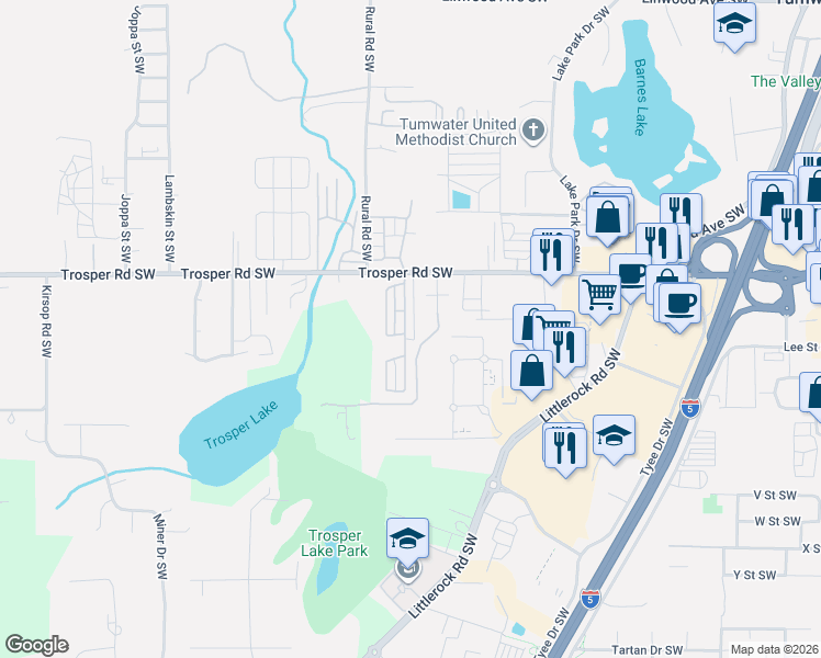 map of restaurants, bars, coffee shops, grocery stores, and more near 1841 Trosper Road Southwest in Olympia