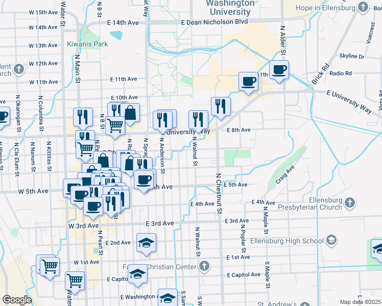 map of restaurants, bars, coffee shops, grocery stores, and more near 603 East 6th Avenue in Ellensburg