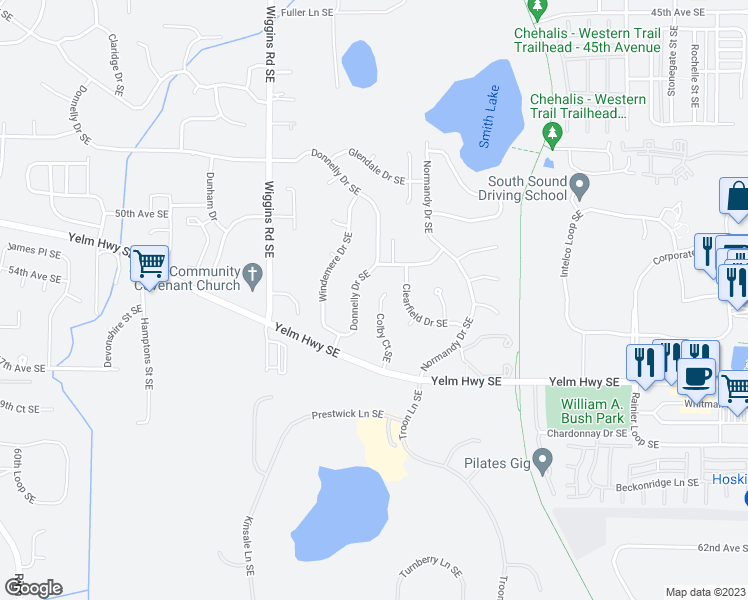 map of restaurants, bars, coffee shops, grocery stores, and more near 5613 Colby Court Southeast in Olympia
