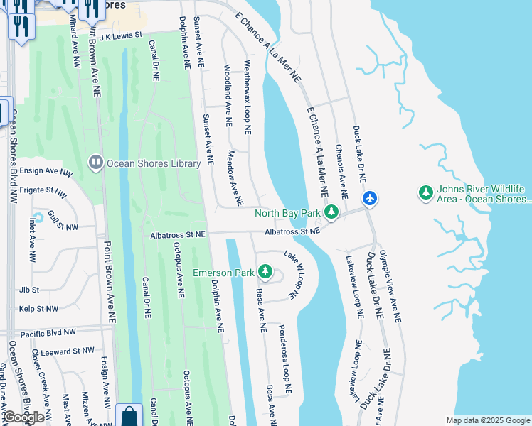 map of restaurants, bars, coffee shops, grocery stores, and more near 546 Weatherwax Loop Northeast in Ocean Shores