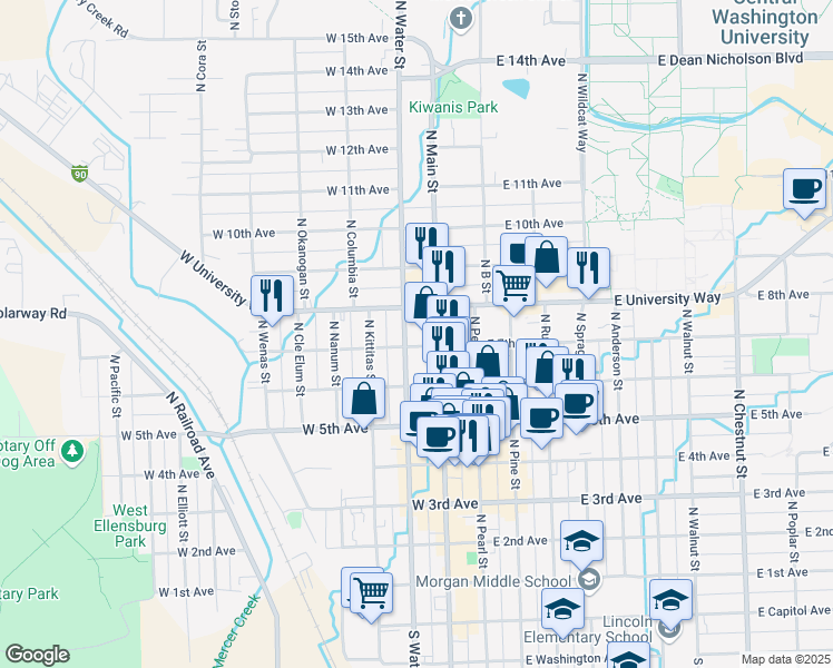 map of restaurants, bars, coffee shops, grocery stores, and more near 200 West University Way in Ellensburg