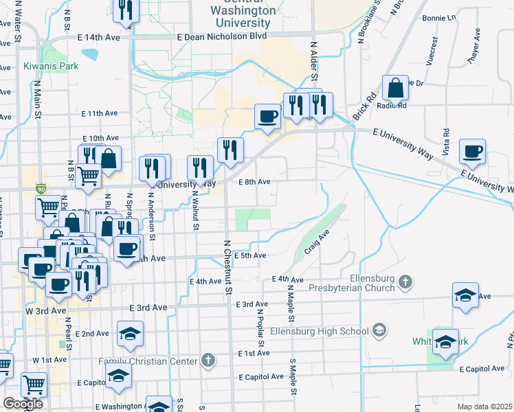 map of restaurants, bars, coffee shops, grocery stores, and more near 700 North Poplar Street in Ellensburg