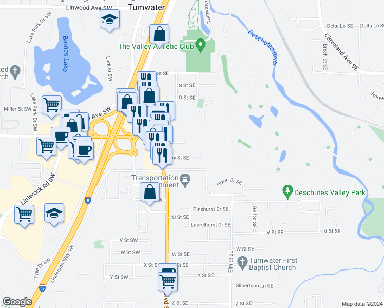 map of restaurants, bars, coffee shops, grocery stores, and more near 222 Ruby Street Southeast in Tumwater