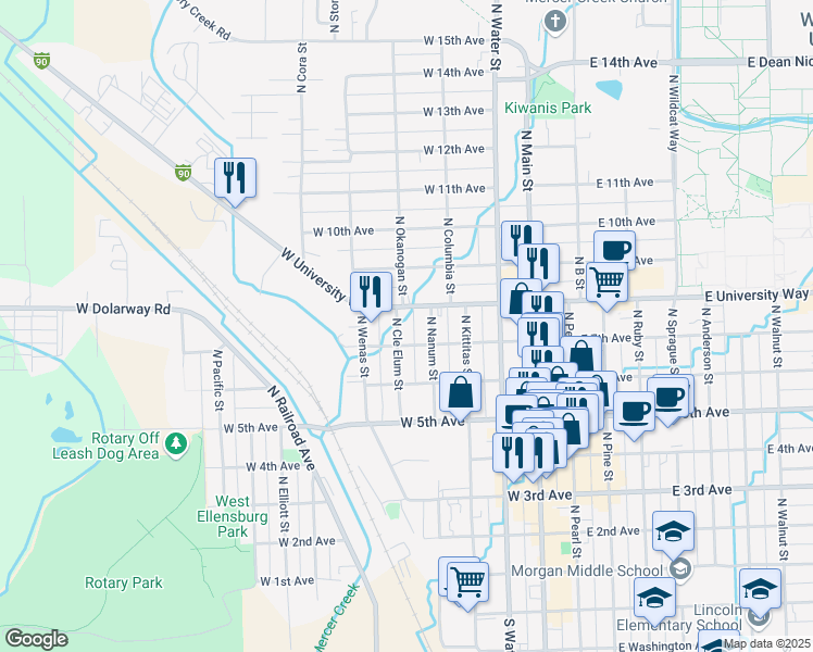 map of restaurants, bars, coffee shops, grocery stores, and more near 500 West University Way in Ellensburg