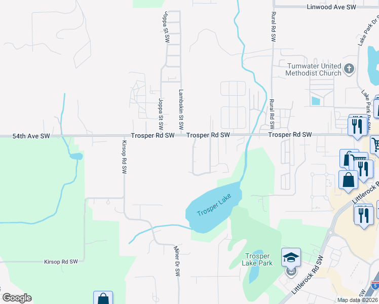map of restaurants, bars, coffee shops, grocery stores, and more near 5443 Trosper Lake Street Southwest in Tumwater