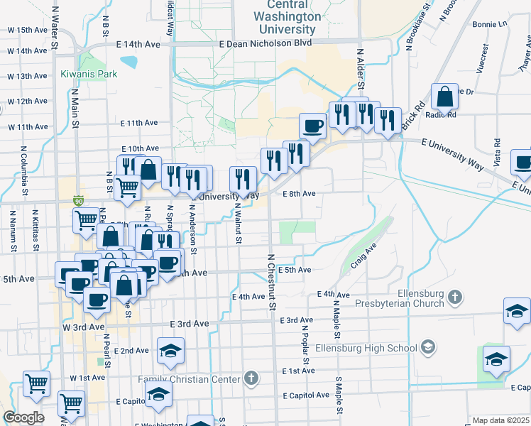 map of restaurants, bars, coffee shops, grocery stores, and more near 715 East 7th Avenue in Ellensburg