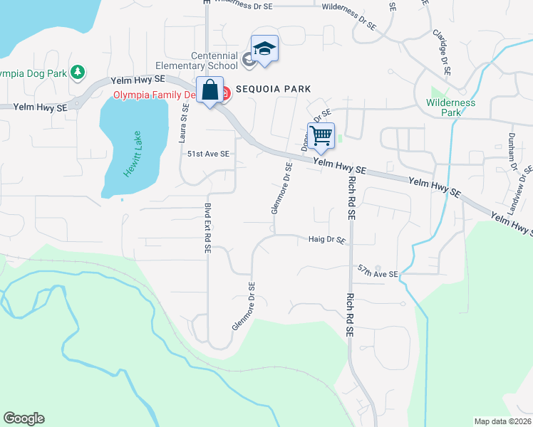 map of restaurants, bars, coffee shops, grocery stores, and more near 5403 Glenmore Drive Southeast in Olympia