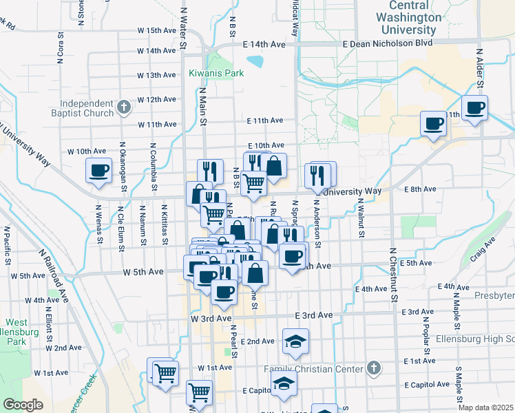 map of restaurants, bars, coffee shops, grocery stores, and more near 705 North Ruby Street in Ellensburg