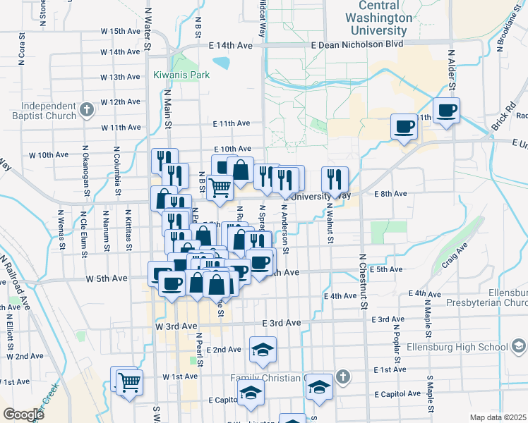 map of restaurants, bars, coffee shops, grocery stores, and more near 400 East University Way in Ellensburg