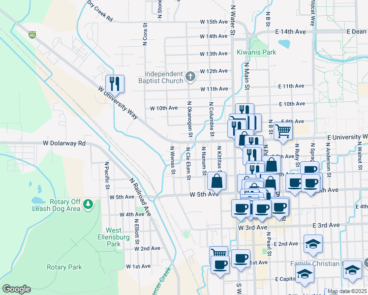 map of restaurants, bars, coffee shops, grocery stores, and more near 604 West University Way in Ellensburg