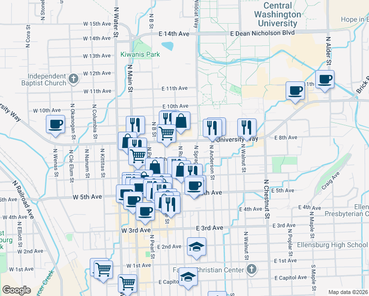 map of restaurants, bars, coffee shops, grocery stores, and more near 702 North Ruby Street in Ellensburg