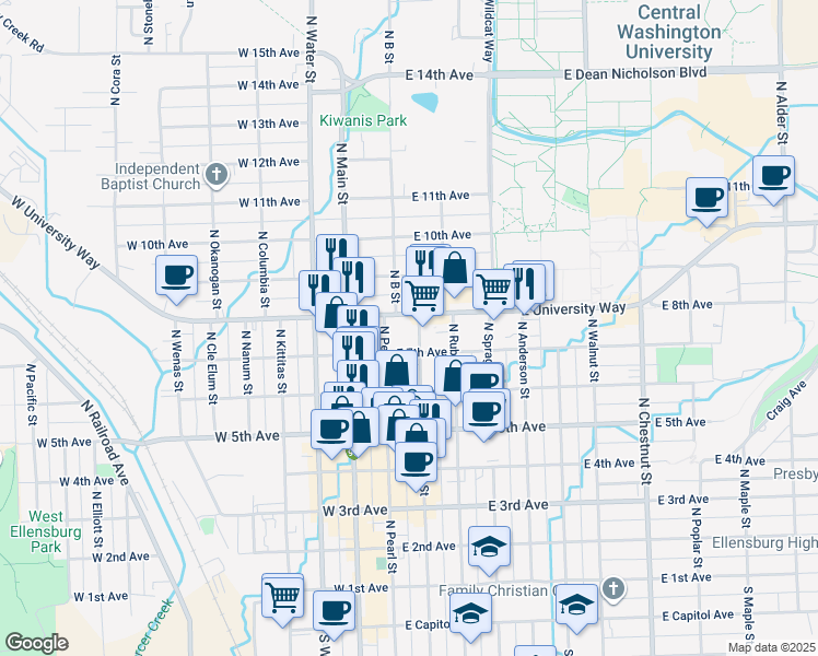 map of restaurants, bars, coffee shops, grocery stores, and more near 705 North Ruby Street in Ellensburg