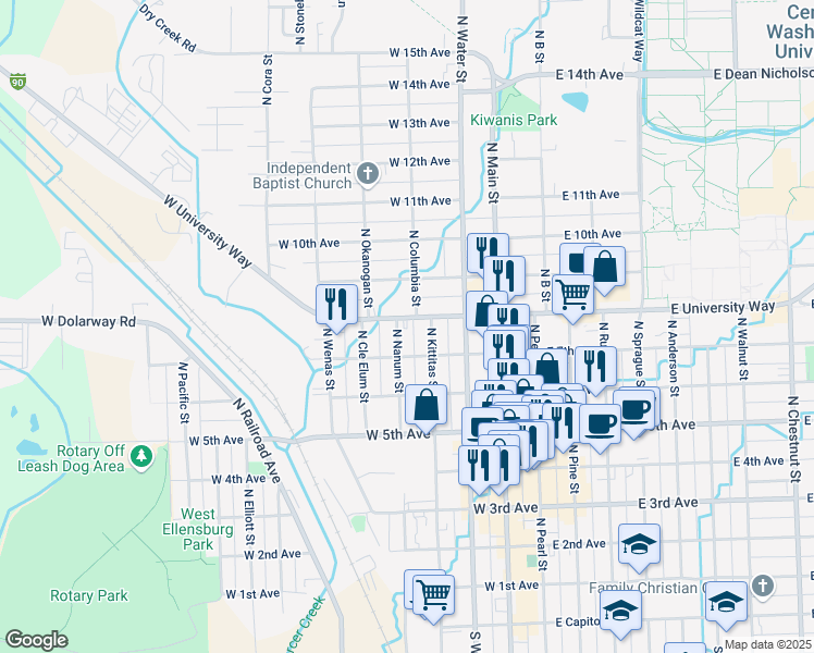 map of restaurants, bars, coffee shops, grocery stores, and more near 400 West University Way in Ellensburg