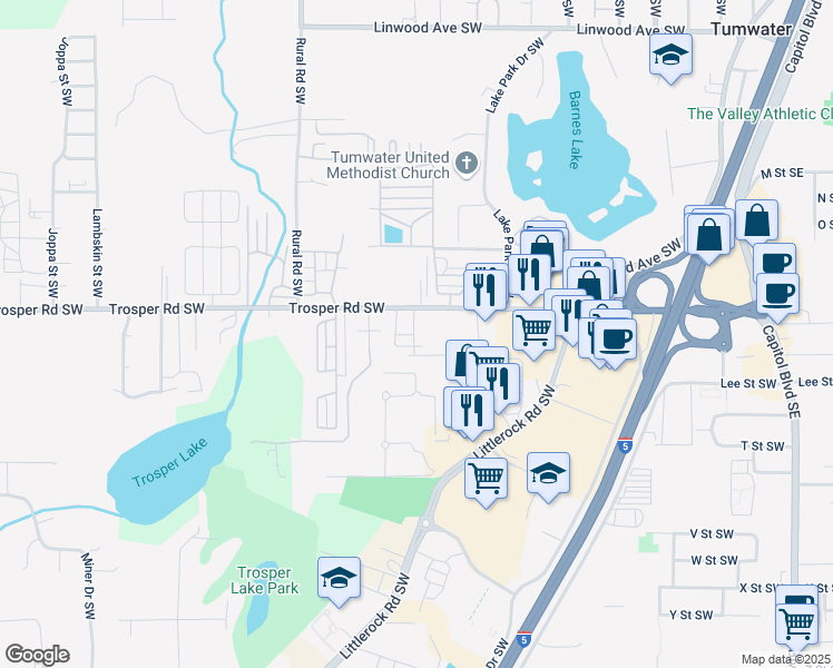 map of restaurants, bars, coffee shops, grocery stores, and more near 5420 Kensington Lane Southwest in Tumwater