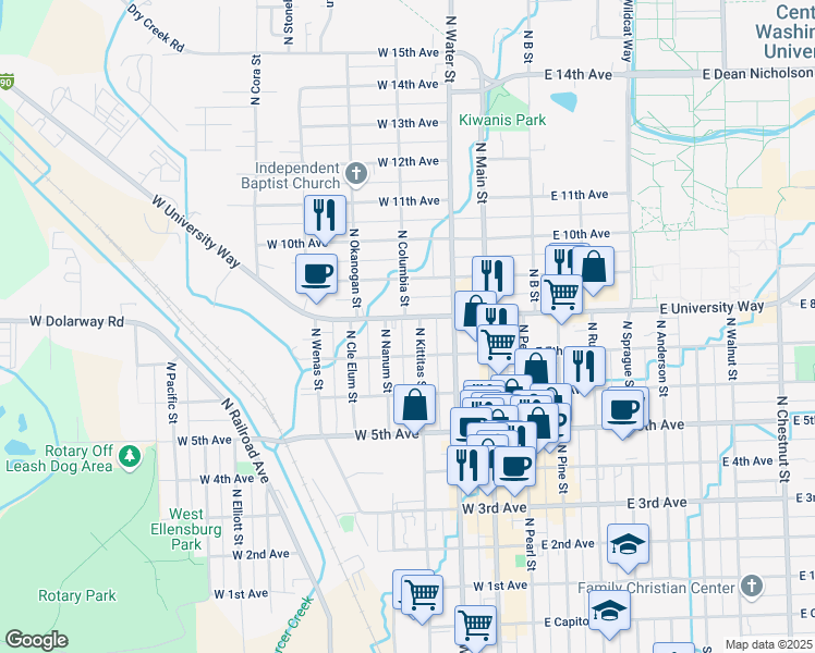 map of restaurants, bars, coffee shops, grocery stores, and more near 400 W University Way in Ellensburg