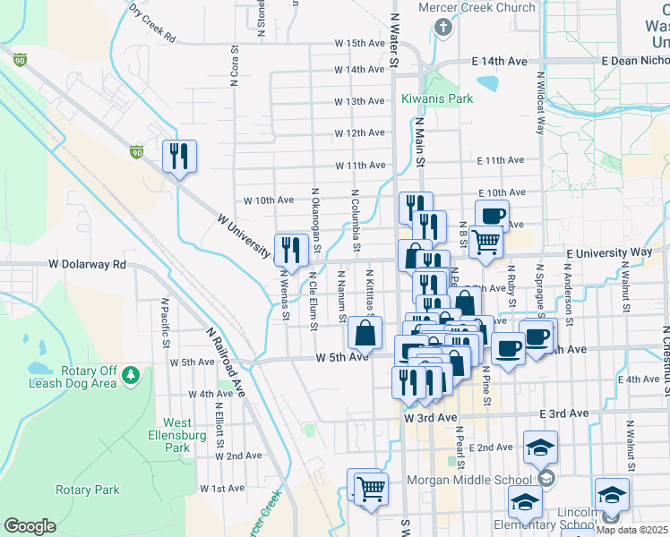 map of restaurants, bars, coffee shops, grocery stores, and more near 500 West University Way in Ellensburg